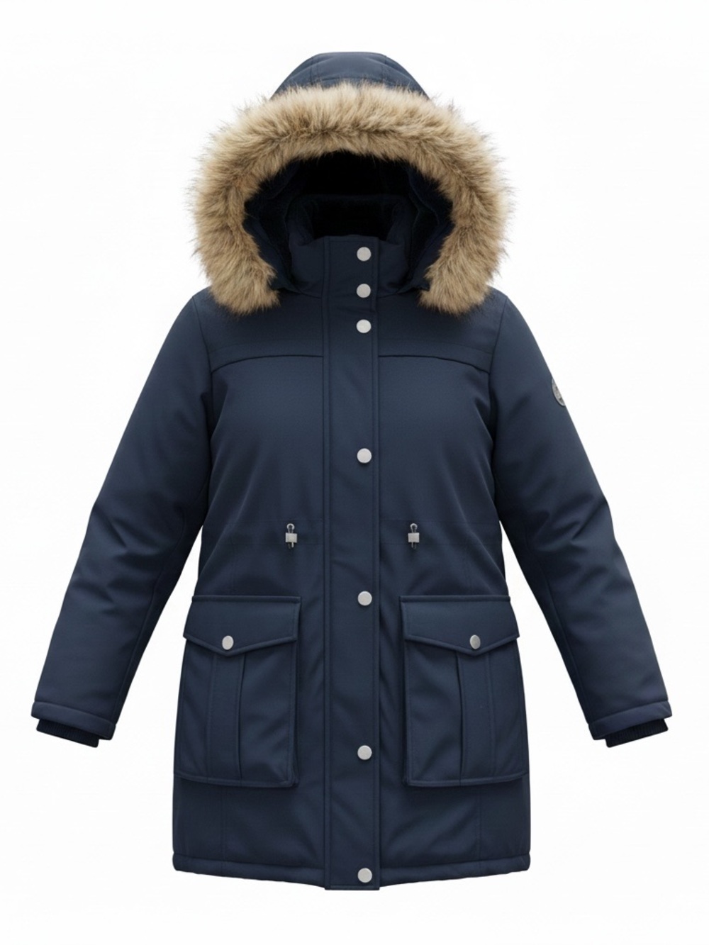 Time and Tru Women’s Navy Puffer Parka with Faux Fur Trim Small